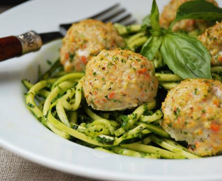 Chicken Veggie Meatballs with Pesto Zucchini Noodles