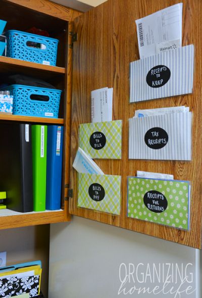 Cabinet door pockets to hold bills and recipes